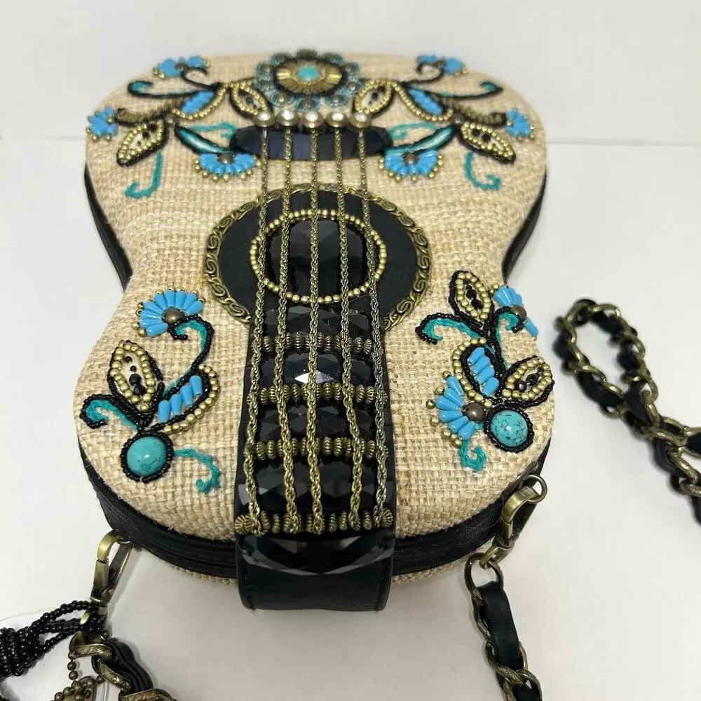 Mary Frances Unplugged Cream Woven and NWT Turquoise Beaded Guitar Bag *RARE - Picture 9 of 16